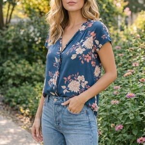 Alice Blue Teal Floral Print V-Neck Short Sleeve Blouse Size L